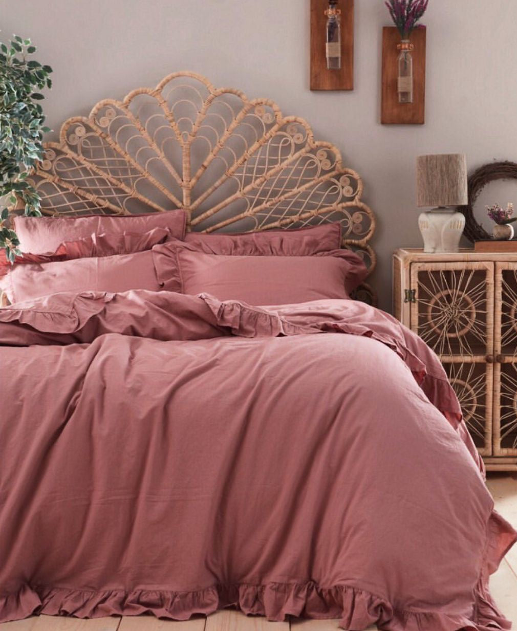 Dusty Rose Soft Garment Washed Collection 100% Cotton Duvet Cover Set with Soft Ruffles | Dusty Rose OEKO-TEX® Certified, Wrinkle-Look Finish