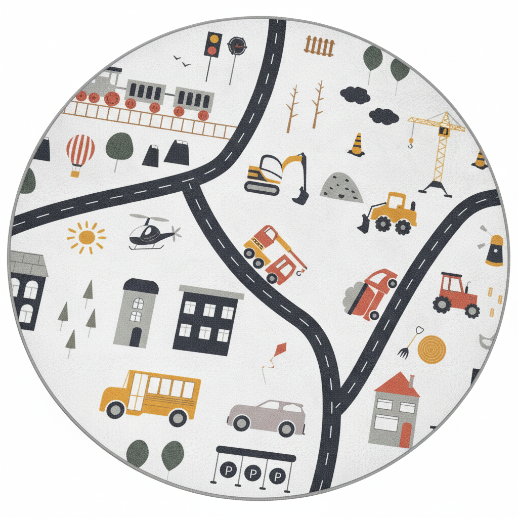 Playful Round Kids Rug, Colorful Road Map Play Mat, Soft Nursery Carpet, Interactive Round Rug, Toddler Room Decor