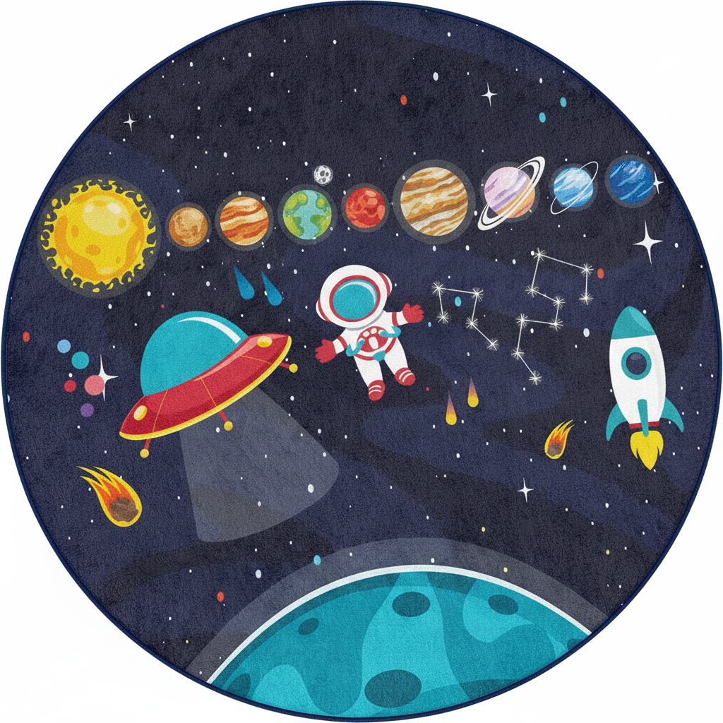 Space Adventure Round Kids Rug, Astronaut and Planets Play Mat, Galaxy Themed Soft Carpet for Kids Room, Nursery Decor