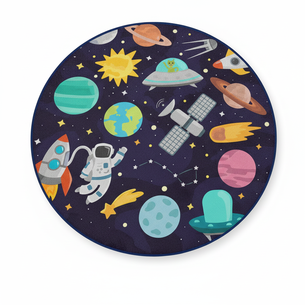 Space Adventure Round Kids Rug, Galaxy Themed Play Mat, Outer Space Decor, Astronaut Rug for Kids Room, Kids Playroom Carpet