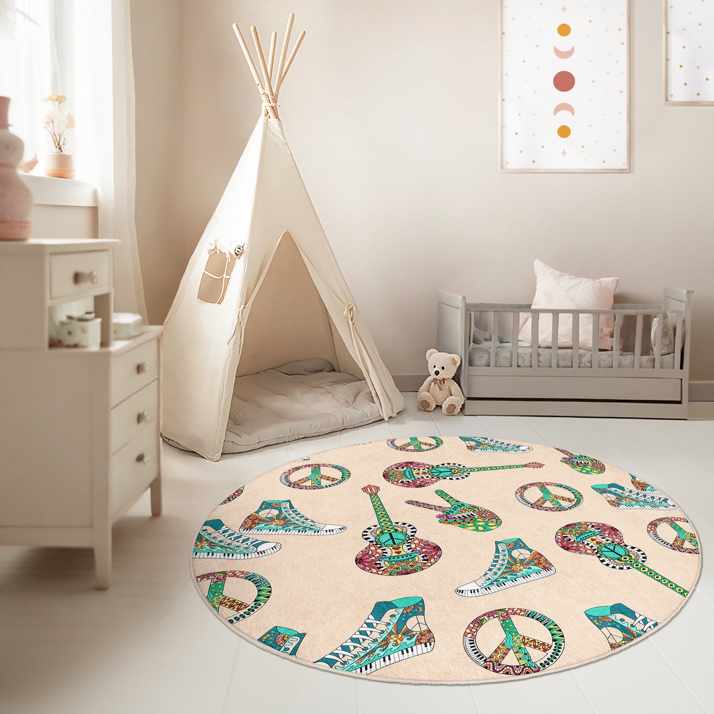 Peace Guitar and Converse Design Washable Anti-Slip Kids Rug Multifunction as Non Slip Play Mat - Perfect for Bedrooms, Playrooms & Nurseries - Durable, Safe, & Easy to Clean for Boys & Girls (308)