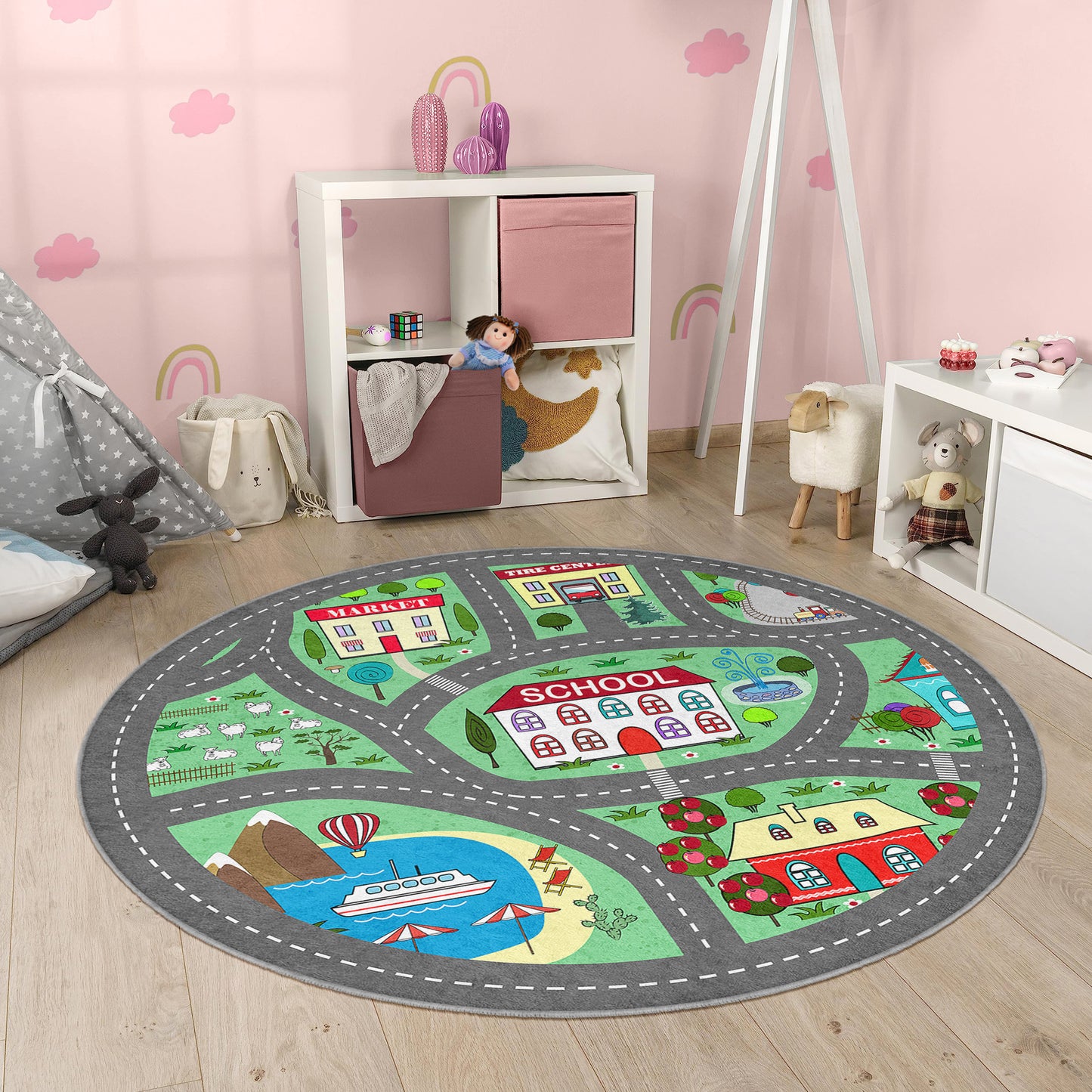 Car Road to School Navy Design Washable Anti-Slip Kids Rug Multifunction as Non Slip Play Mat - Perfect for Bedrooms, Playrooms & Nurseries - Durable, Safe, & Easy to Clean for Boys & Girls 309