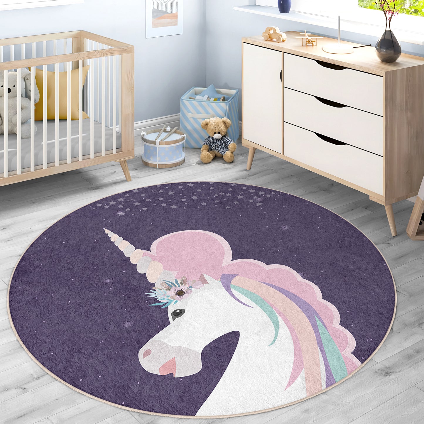 Unicorn Pony Magic World Design Washable Anti-Slip Kids Round Rug Multifunction as Non Slip Play Mat - Perfect for Bedrooms, Playrooms & Nurseries - Durable, Safe, & Easy to Clean for Boys & Girls 310