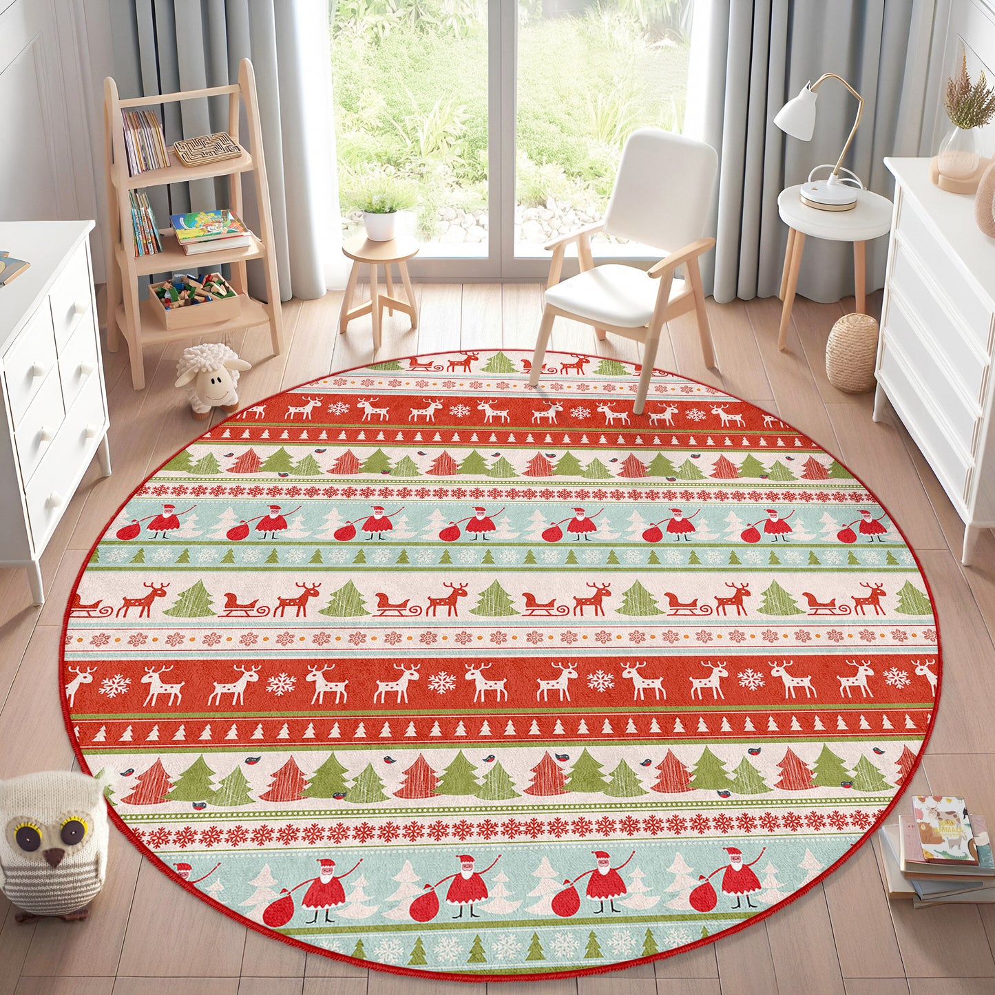 Christmas Deers White and Red Traditional Design Washable Anti-Slip Kids Round Rug Multifunction as Non Slip Play Mat - Perfect for Bedrooms, Playrooms & Nurseries - Durable, Safe, & Easy to Clean for Boys & Girls 313