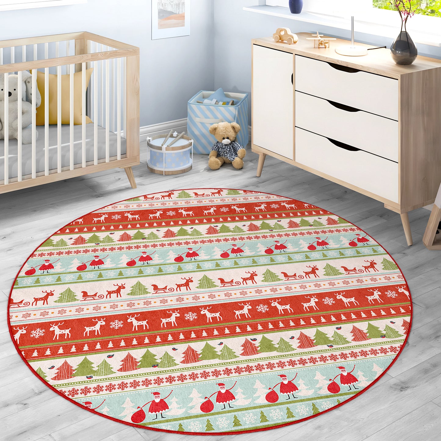 Christmas Deers White and Red Traditional Design Washable Anti-Slip Kids Round Rug Multifunction as Non Slip Play Mat - Perfect for Bedrooms, Playrooms & Nurseries - Durable, Safe, & Easy to Clean for Boys & Girls 313