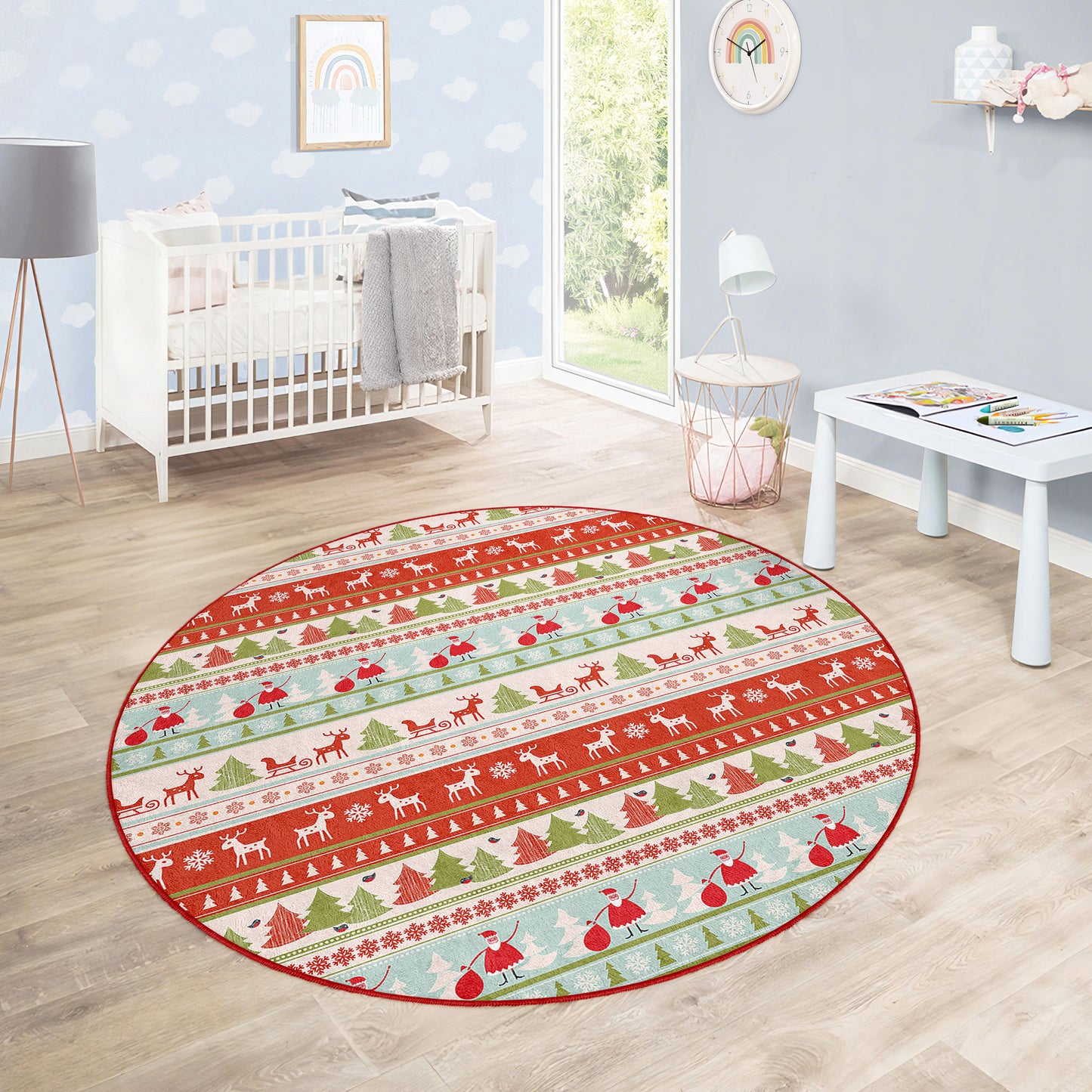Christmas Deers White and Red Traditional Design Washable Anti-Slip Kids Round Rug Multifunction as Non Slip Play Mat - Perfect for Bedrooms, Playrooms & Nurseries - Durable, Safe, & Easy to Clean for Boys & Girls 313