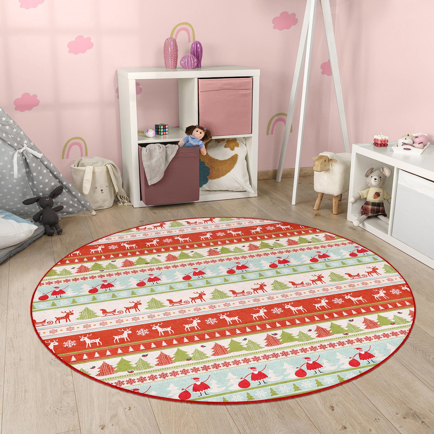 Christmas Deers White and Red Traditional Design Washable Anti-Slip Kids Round Rug Multifunction as Non Slip Play Mat - Perfect for Bedrooms, Playrooms & Nurseries - Durable, Safe, & Easy to Clean for Boys & Girls 313