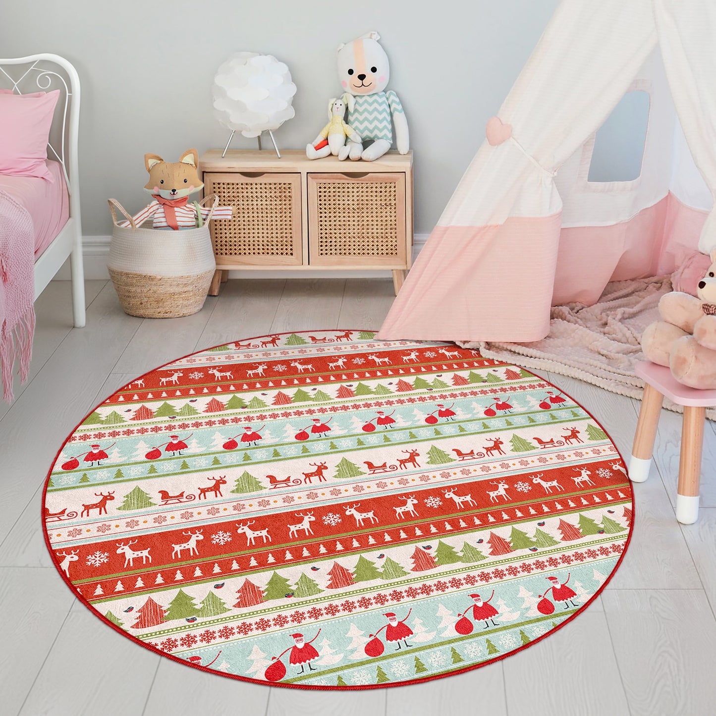 Christmas Deers White and Red Traditional Design Washable Anti-Slip Kids Round Rug Multifunction as Non Slip Play Mat - Perfect for Bedrooms, Playrooms & Nurseries - Durable, Safe, & Easy to Clean for Boys & Girls 313
