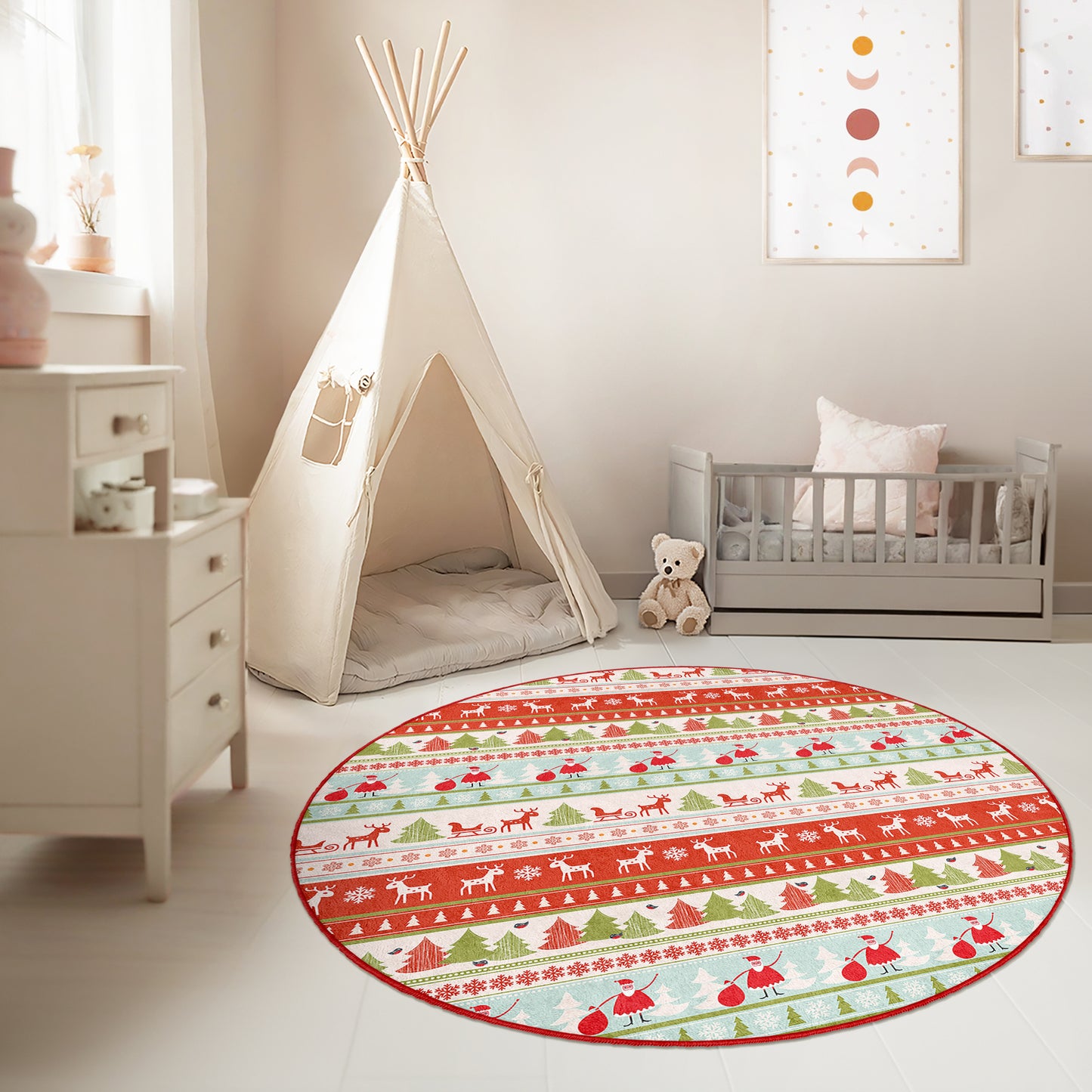 Christmas Deers White and Red Traditional Design Washable Anti-Slip Kids Round Rug Multifunction as Non Slip Play Mat - Perfect for Bedrooms, Playrooms & Nurseries - Durable, Safe, & Easy to Clean for Boys & Girls 313