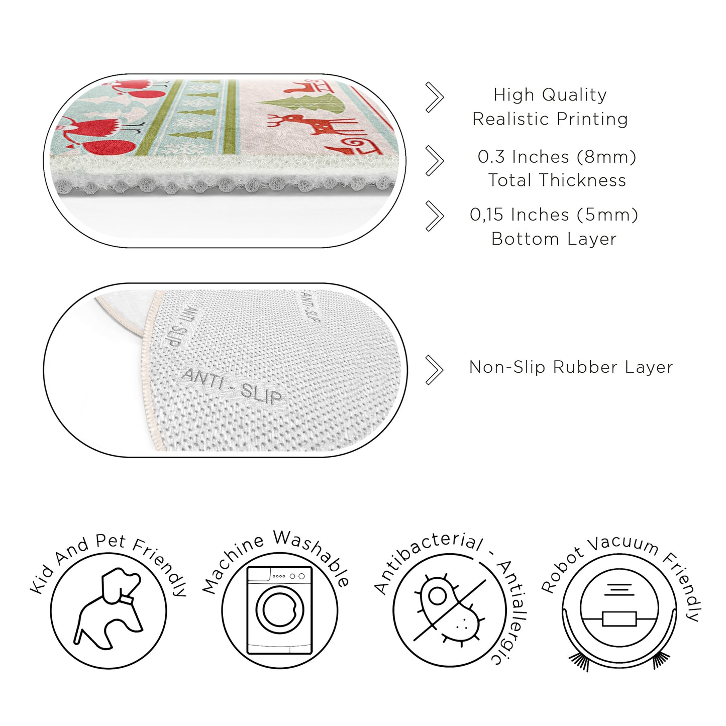 Christmas Deers White and Red Traditional Design Washable Anti-Slip Kids Round Rug Multifunction as Non Slip Play Mat - Perfect for Bedrooms, Playrooms & Nurseries - Durable, Safe, & Easy to Clean for Boys & Girls 313