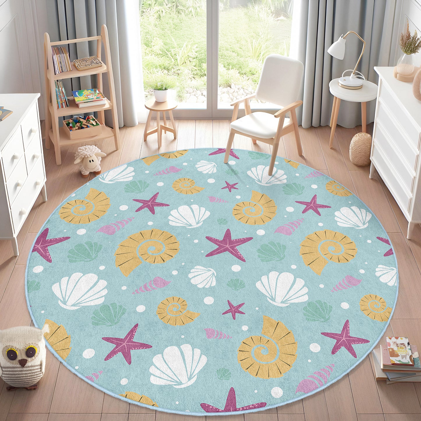 Sea Star and Shell Design Washable Anti-Slip Kids Round Rug Multifunction as Non Slip Play Mat - Perfect for Bedrooms, Playrooms & Nurseries - Durable, Safe, & Easy to Clean for Boys & Girls 315