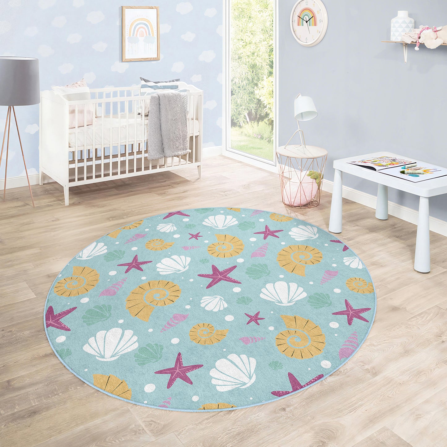 Sea Star and Shell Design Washable Anti-Slip Kids Round Rug Multifunction as Non Slip Play Mat - Perfect for Bedrooms, Playrooms & Nurseries - Durable, Safe, & Easy to Clean for Boys & Girls 315