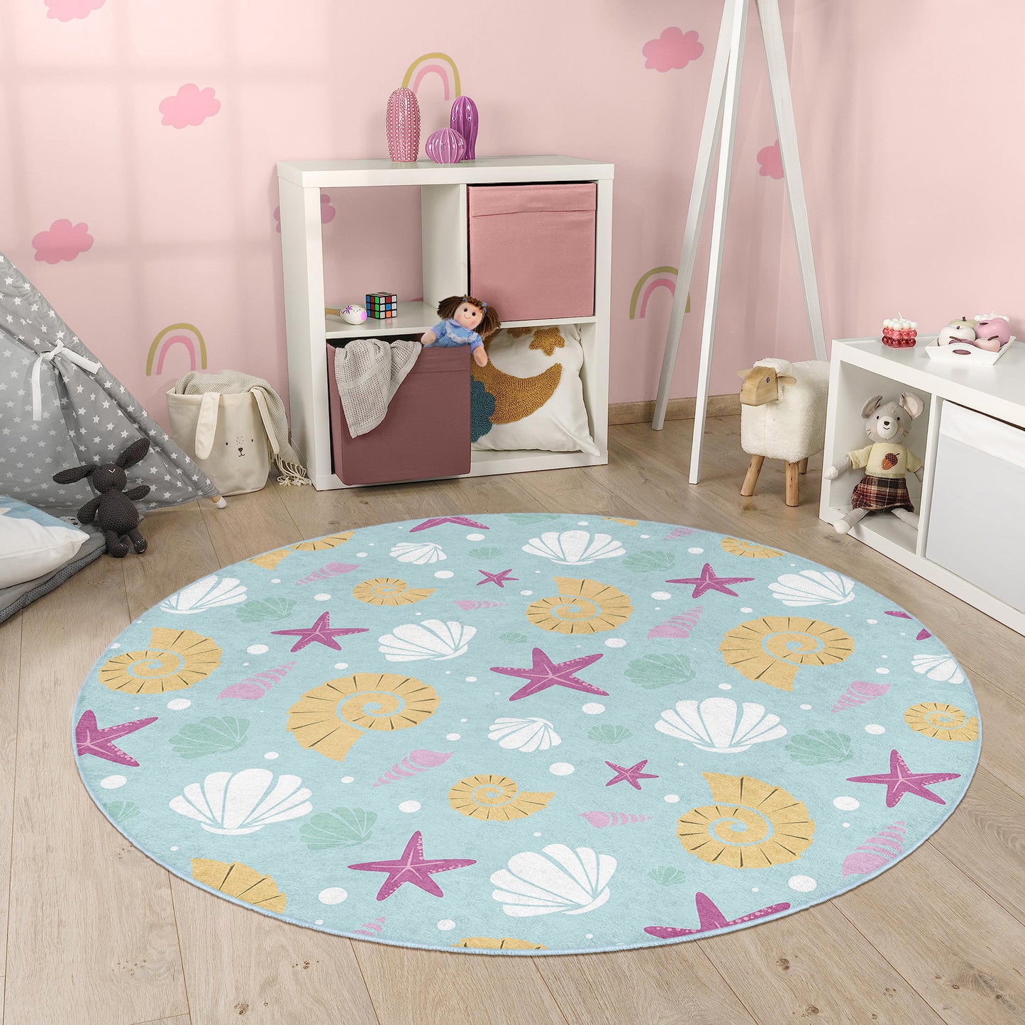 Sea Star and Shell Design Washable Anti-Slip Kids Round Rug Multifunction as Non Slip Play Mat - Perfect for Bedrooms, Playrooms & Nurseries - Durable, Safe, & Easy to Clean for Boys & Girls 315