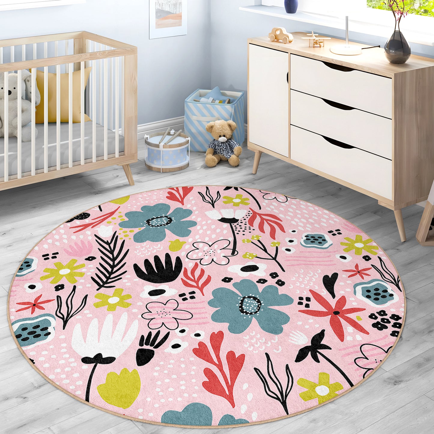 Colorful Flowers Design Washable Anti-Slip Kids Round Rug Multifunction as Non Slip Play Mat - Perfect for Bedrooms, Playrooms & Nurseries - Durable, Safe, & Easy to Clean for Boys & Girls 316