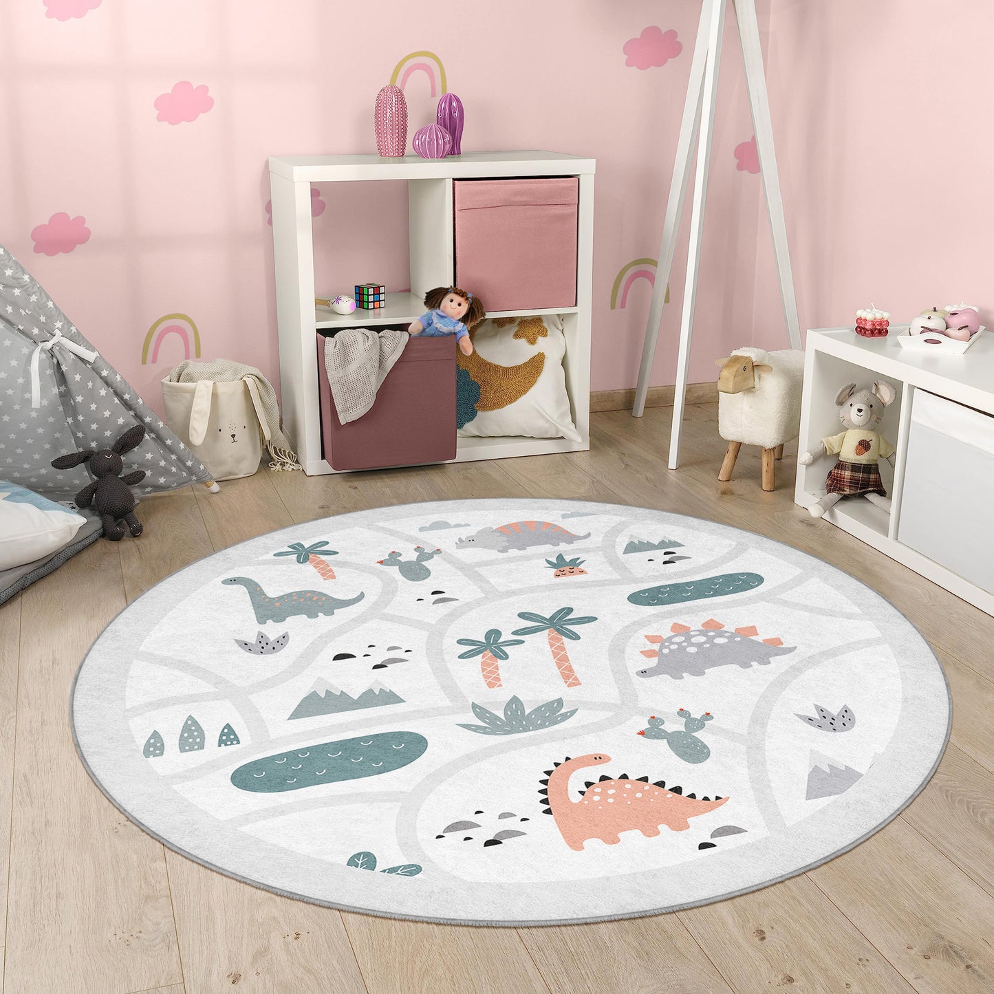 Dinosour Wild Jungle Design Washable Anti-Slip Kids Round Rug Multifunction as Non Slip Play Mat - Perfect for Bedrooms, Playrooms & Nurseries - Durable, Safe, & Easy to Clean for Boys & Girls 320
