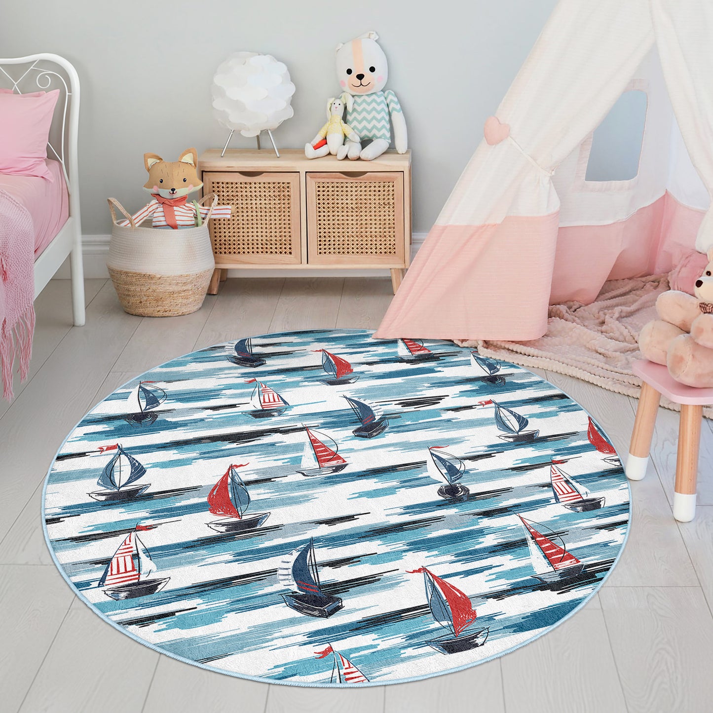 Navy Design with Sea Pattern Boy Room Design Washable Anti-Slip Kids Round Rug Multifunction as Non Slip Play Mat - Perfect for Bedrooms, Playrooms & Nurseries - Durable, Safe, & Easy to Clean for Boys & Girls Room 329