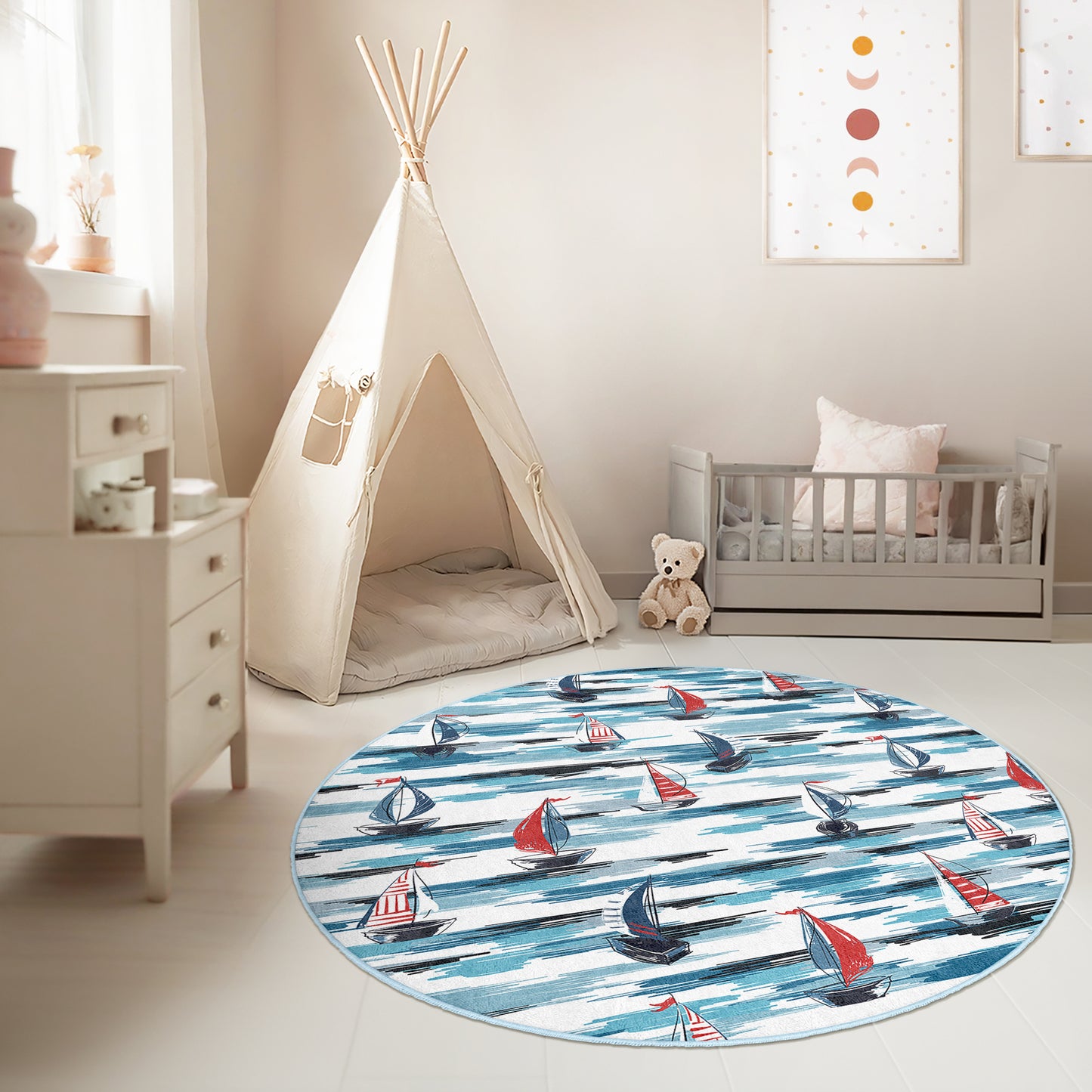 Navy Design with Sea Pattern Boy Room Design Washable Anti-Slip Kids Round Rug Multifunction as Non Slip Play Mat - Perfect for Bedrooms, Playrooms & Nurseries - Durable, Safe, & Easy to Clean for Boys & Girls Room 329