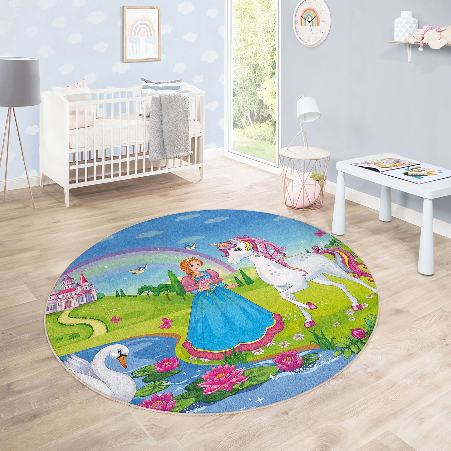 Princess Design with Ponny and Rainbow nearby a River Design Washable Anti-Slip Kids Round Rug Multifunction as Non Slip Play Mat - Perfect for Bedrooms, Playrooms & Nurseries - Durable, Safe, & Easy to Clean for Boys & Girls Room 335