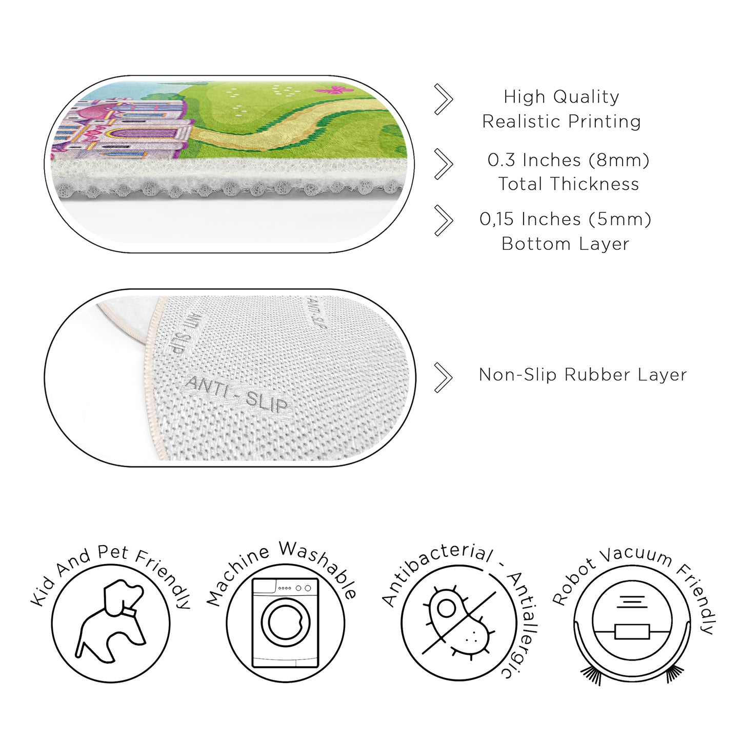 Princess Design with Ponny and Rainbow nearby a River Design Washable Anti-Slip Kids Round Rug Multifunction as Non Slip Play Mat - Perfect for Bedrooms, Playrooms & Nurseries - Durable, Safe, & Easy to Clean for Boys & Girls Room 335