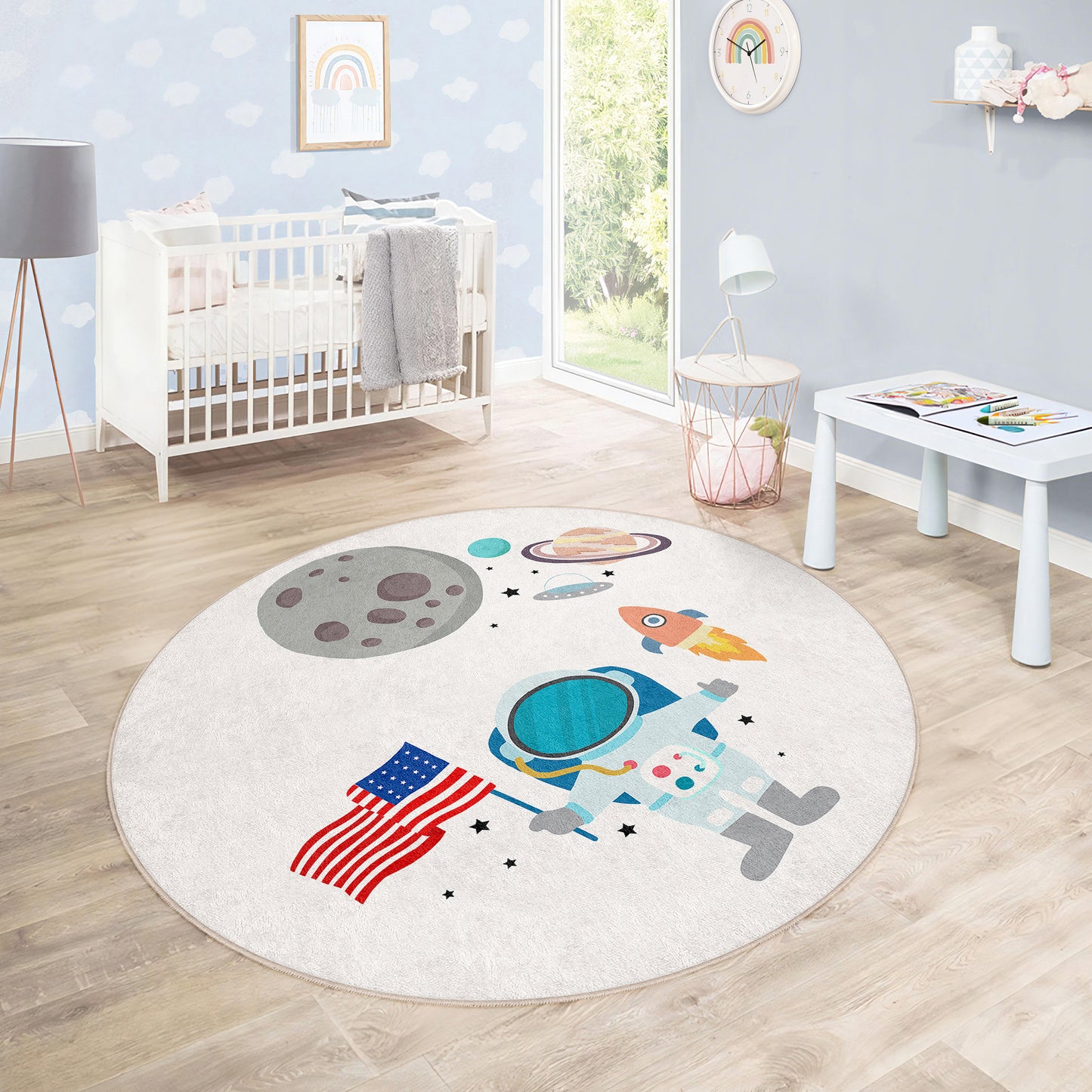 Planets on Milky Way Design Washable Anti-Slip Kids Round Rug Multifunction as Non Slip Play Mat - Perfect for Bedrooms, Playrooms & Nurseries - Durable, Safe, & Easy to Clean for Boys & Girls Room 336