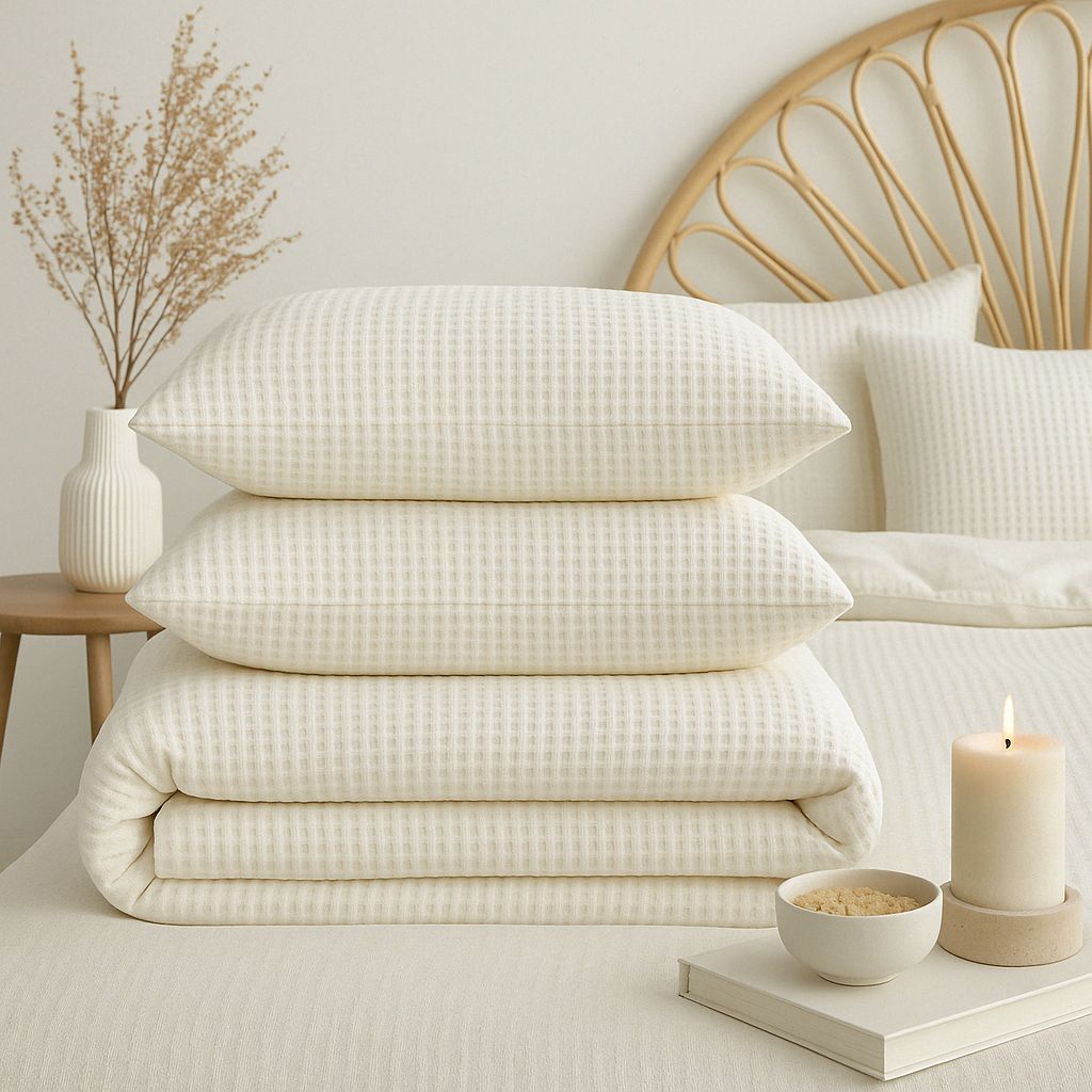 Luxury Waffle Bianco Textured Bedspread – 100% Cotton, Serene Hues | Mila Home