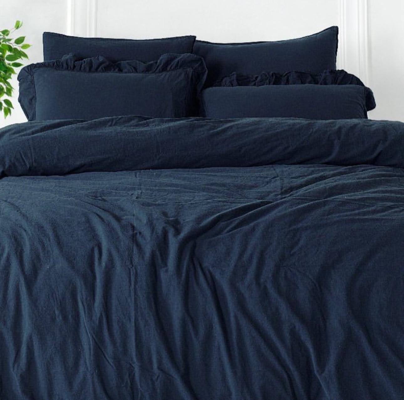 Midnight Calm – Soft Garment Washed Collection 100% Cotton Duvet Cover Set with Soft Ruffles | Deep Navy, OEKO-TEX® Certified, Wrinkle-Look Finish