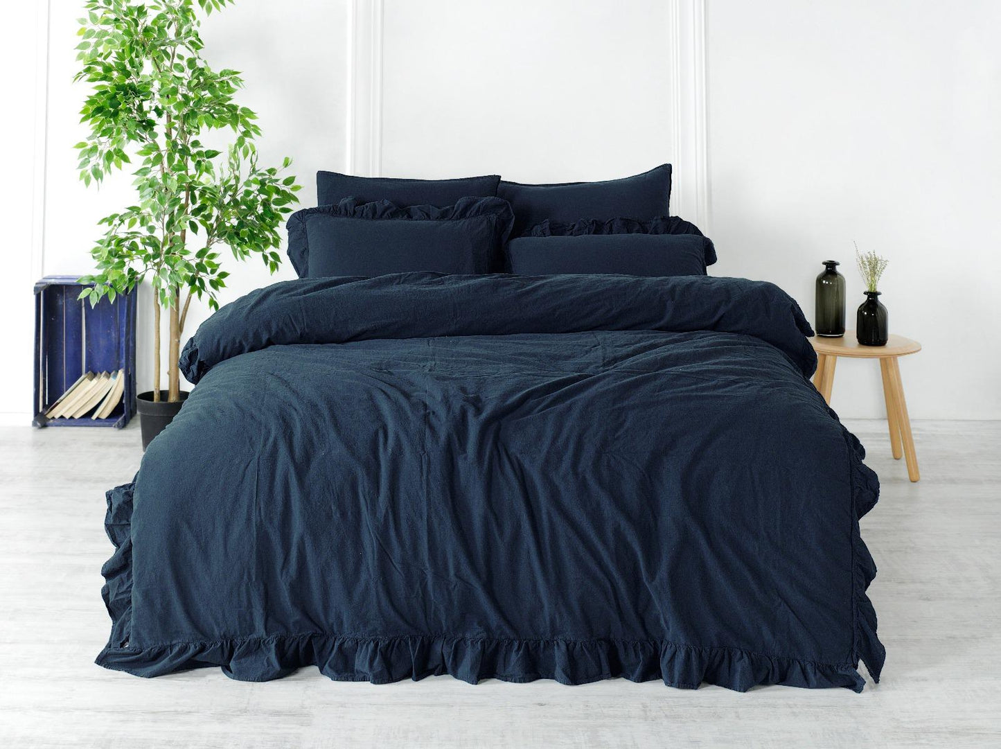 Midnight Calm – Soft Garment Washed Collection 100% Cotton Duvet Cover Set with Soft Ruffles | Deep Navy, OEKO-TEX® Certified, Wrinkle-Look Finish