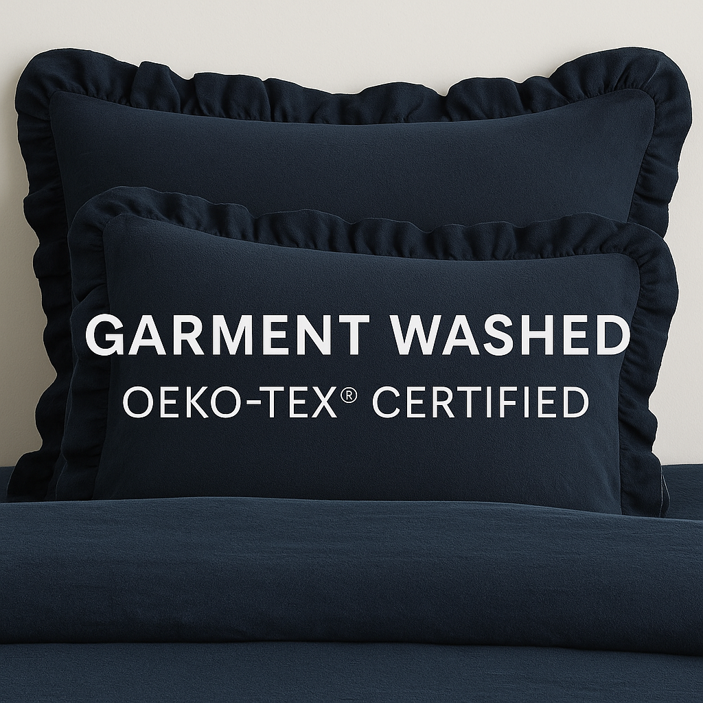 Midnight Calm – Soft Garment Washed Collection 100% Cotton Duvet Cover Set with Soft Ruffles | Deep Navy, OEKO-TEX® Certified, Wrinkle-Look Finish