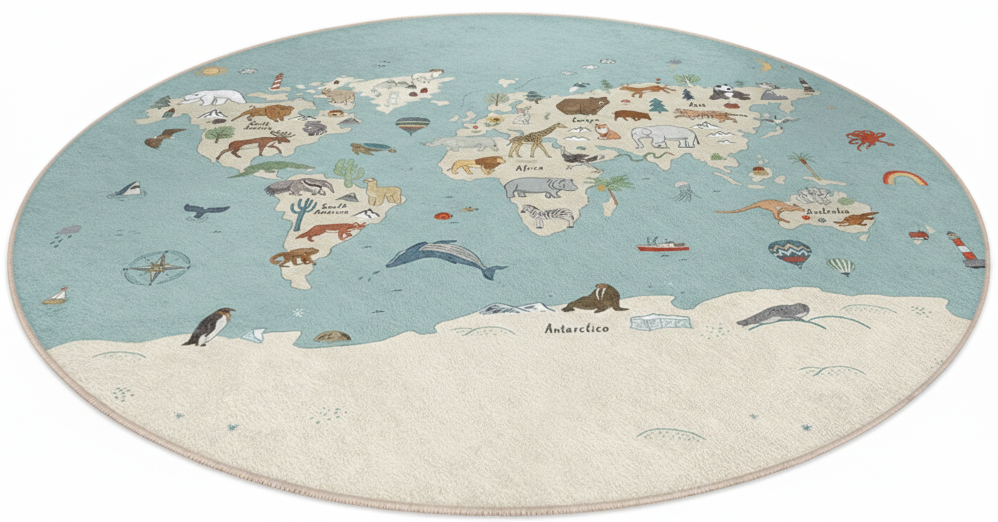World Map Interactive Kids Round Rug, Animal Themed Play Mat, Educational Nursery Rug, Soft Kids Room Decor, Adventure Play Rug