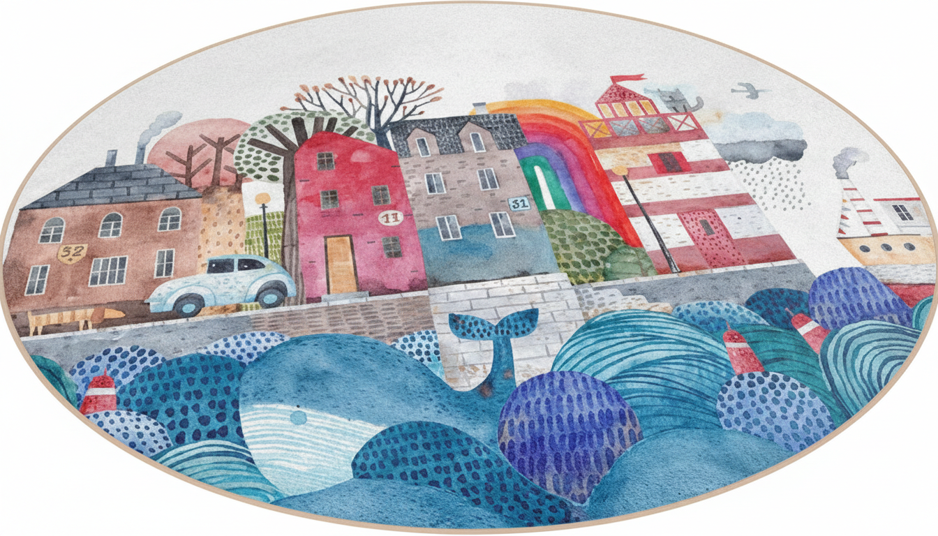 Whimsical Coastal Town Round Kids Rug, Colorful Beach House Rug, Playroom Decor, Nautical Theme Carpet, Soft Nursery Mat