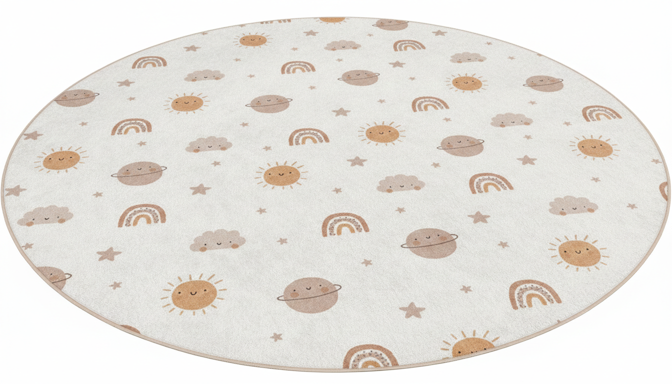 Sunny Skies Round Kids Play Rug, Rainbow and Planet Design, Soft Nursery Carpet, Baby Room Decor, Playroom Mat for Children