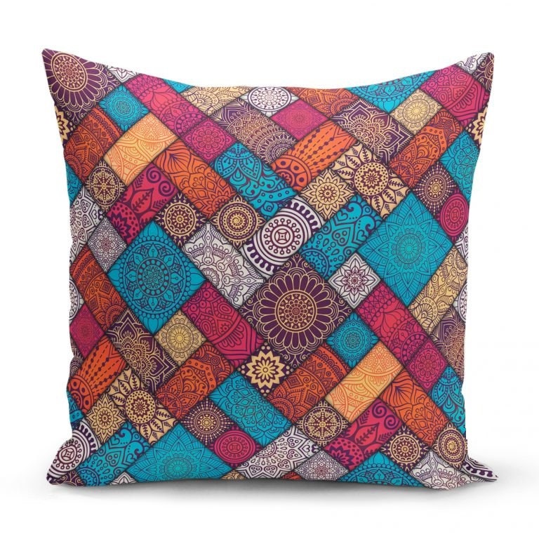 Colorful Geometric Mandala Design Set of 4 Pillow Cases, First Quality Fabric Throw Pillow Covers Indoor, Outdoor, Sofa, Living Room 45x45cm