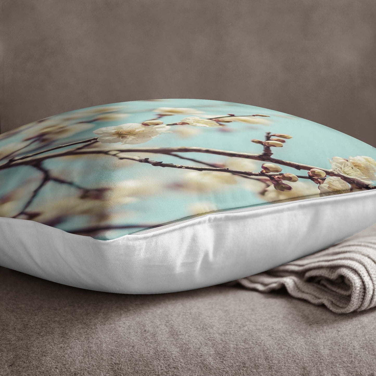 Pink Flowers Pillow Cover - Blue Cushion Cover- Floral Decor Throw Pillow Case - Fancy Decorative Accent Pillow - Blooming Flowers Set of 4