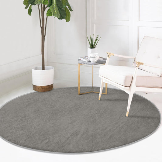 Round Gray Color Rug, Minimal Abstract Design, Non-Slip Base, Straight Pattern - Living Room, Bedroom Decor, Rug, Carpet for Home Garden