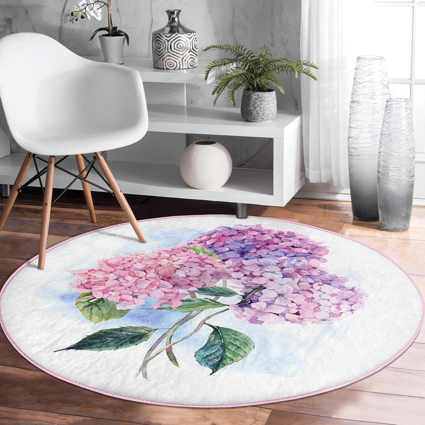 Round Purple Flower Rug, Minimal Floral Design, Non-Slip Base, Purple Pattern - Living Room, Bedroom Decor, Rug, Carpet for Home Garden