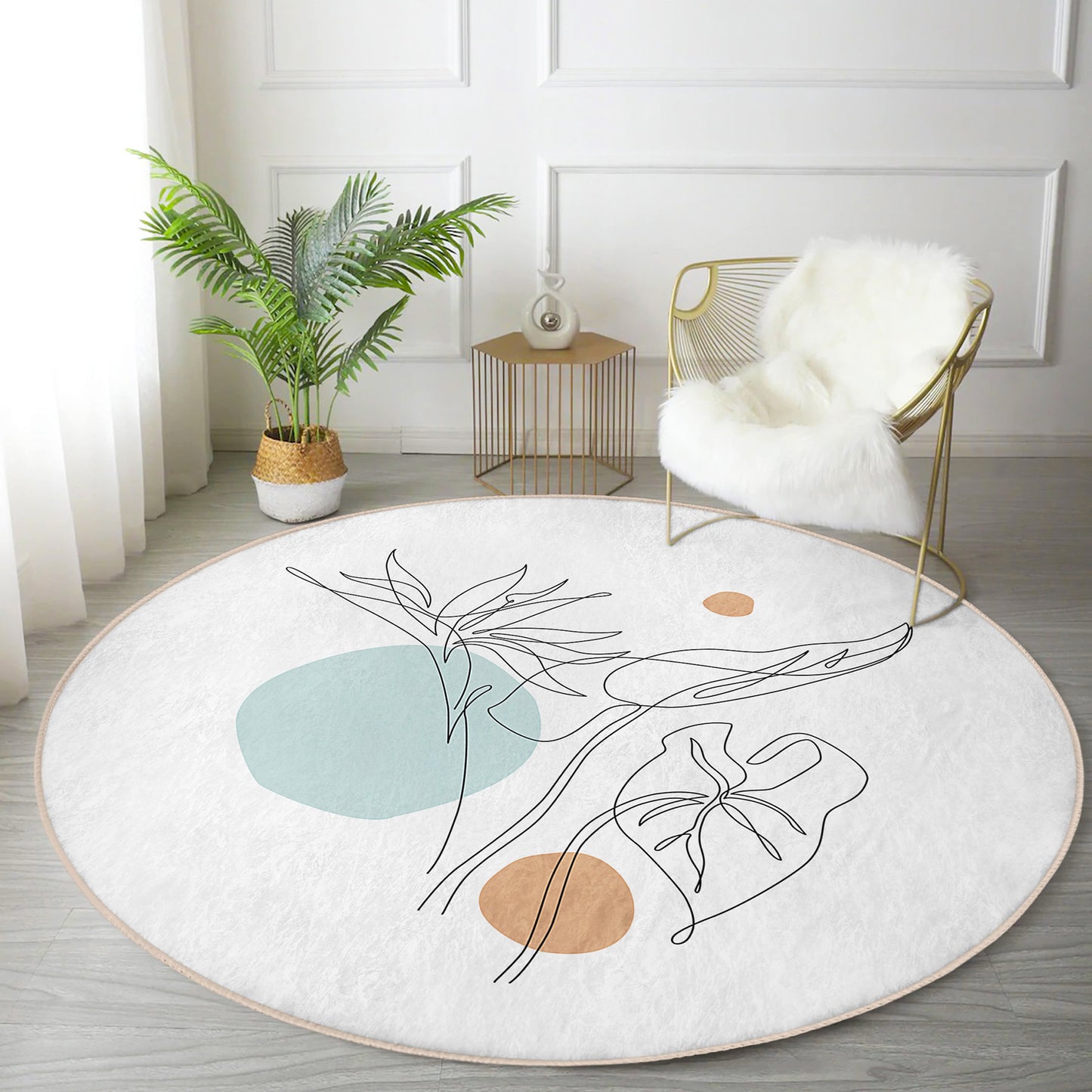 Round Pastel Drawing Rug, Minimal Abstract Design, Non-Slip Base, Drawing Pattern - Living Room, Bedroom Draw Art, Rug, Carpet for Home