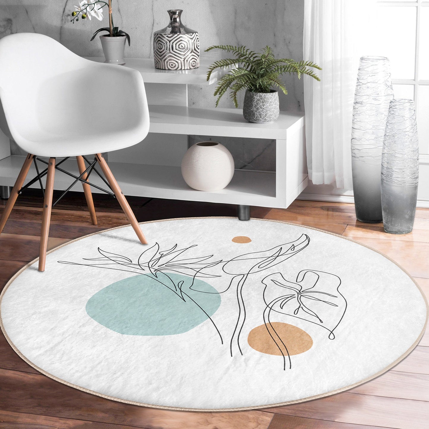 Round Pastel Drawing Rug, Minimal Abstract Design, Non-Slip Base, Drawing Pattern - Living Room, Bedroom Draw Art, Rug, Carpet for Home
