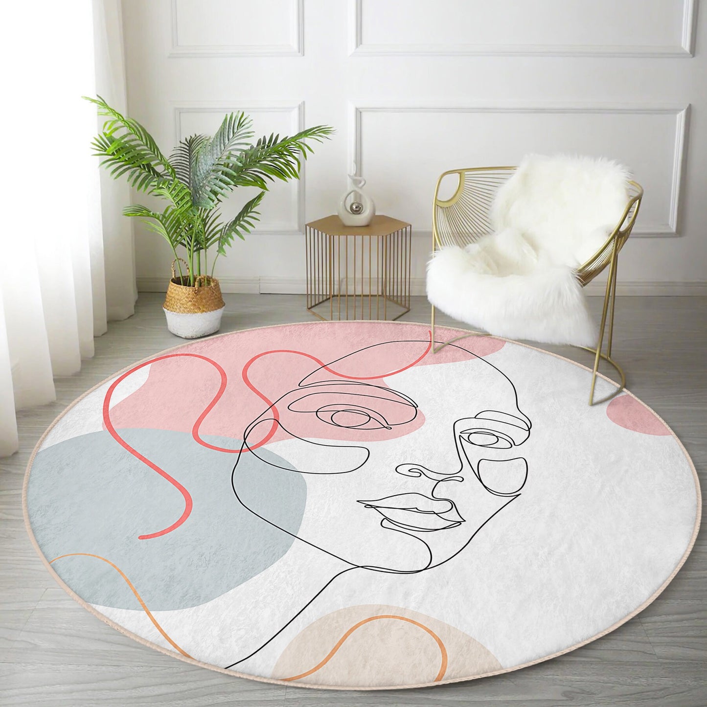 Round Pink Drawing Rug, Minimal Abstract Design, Non-Slip Base, Drawing Pattern - Living Room, Bedroom Draw Art, Rug, Carpet for Home