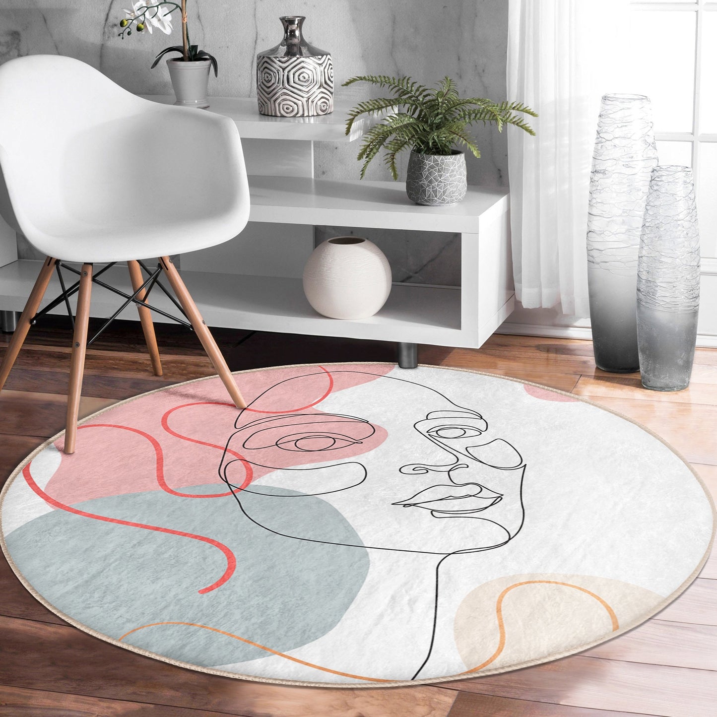 Round Pink Drawing Rug, Minimal Abstract Design, Non-Slip Base, Drawing Pattern - Living Room, Bedroom Draw Art, Rug, Carpet for Home