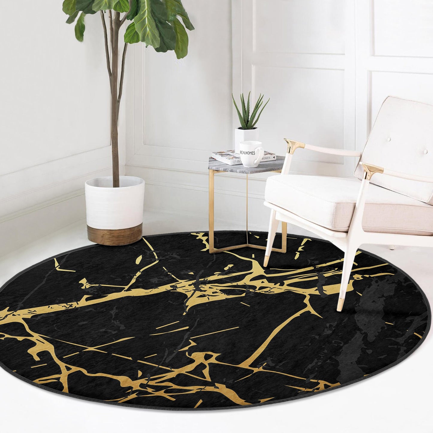 Round Black Gold Rug, Minimal Marble Design, Non-Slip Base, Modern Pattern, Living Room, Bedroom Decor, Abstract Rug, Carpet for Home Garden
