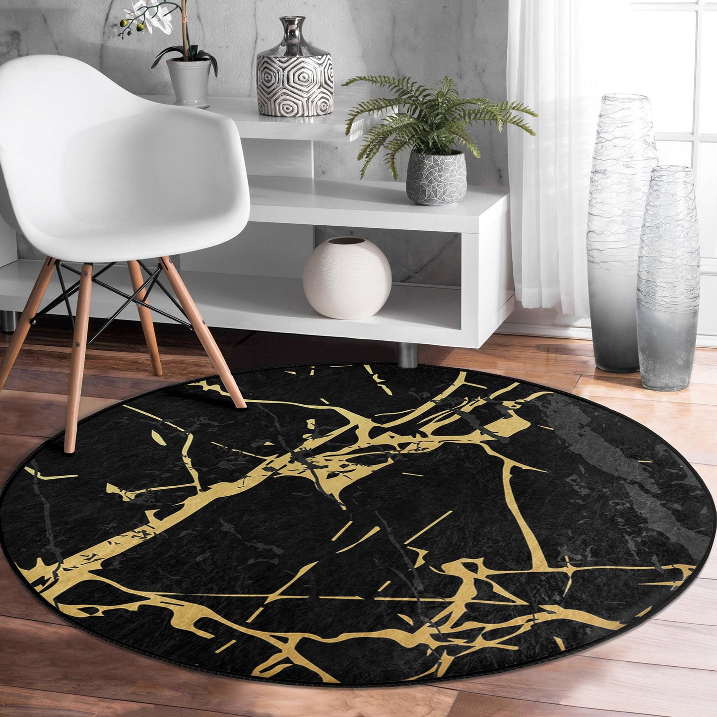 Round Black Gold Rug, Minimal Marble Design, Non-Slip Base, Modern Pattern, Living Room, Bedroom Decor, Abstract Rug, Carpet for Home Garden