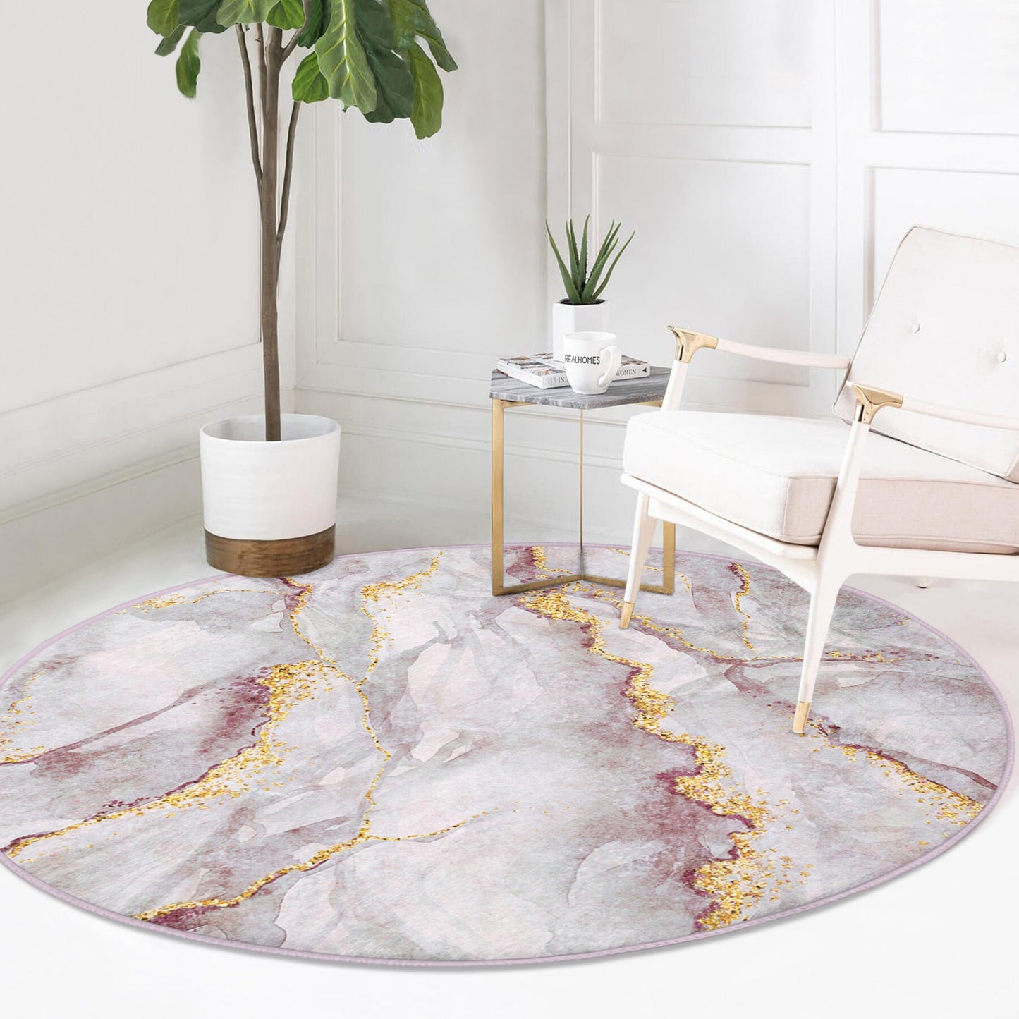 Round Gray Gold Rug, Minimal Marble Design, Non-Slip Base, Modern Pattern, Living Room, Bedroom Decor, Abstract Rug, Carpet for Home Garden