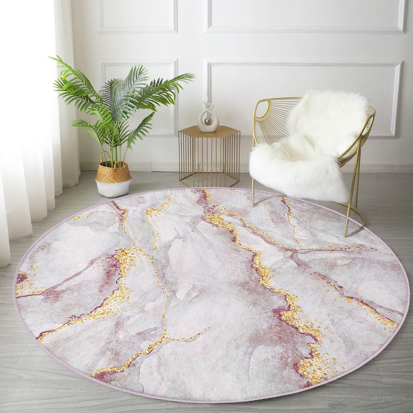 Round Gray Gold Rug, Minimal Marble Design, Non-Slip Base, Modern Pattern, Living Room, Bedroom Decor, Abstract Rug, Carpet for Home Garden