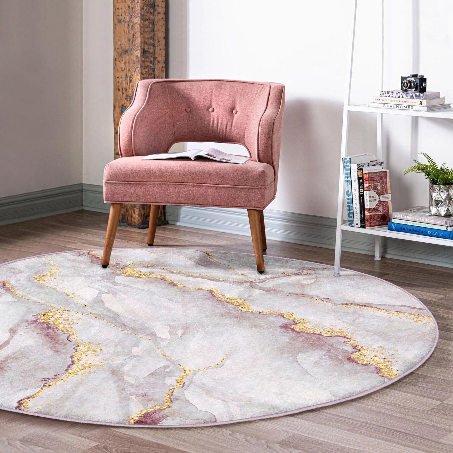 Round Gray Gold Rug, Minimal Marble Design, Non-Slip Base, Modern Pattern, Living Room, Bedroom Decor, Abstract Rug, Carpet for Home Garden