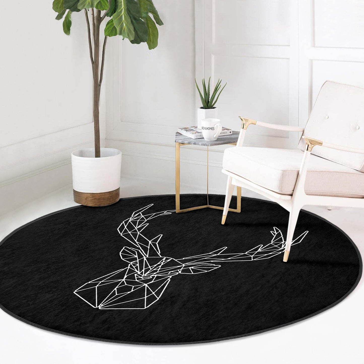 Round Black White Rug, Minimal Diamond Design, Non-Slip Base, Deer Pattern, Living Room, Bedroom Decor, Abstract Rug, Carpet for Home Garden