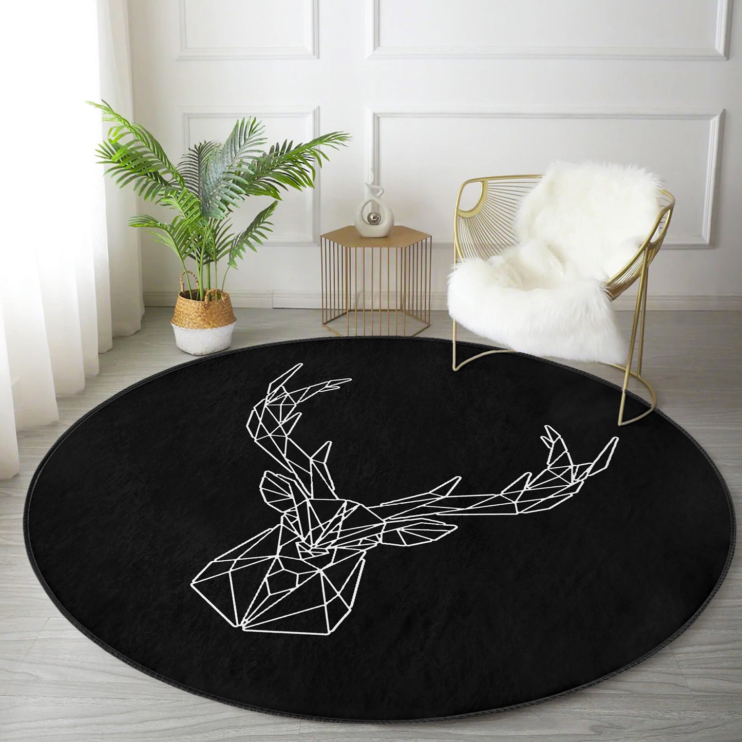 Round Black White Rug, Minimal Diamond Design, Non-Slip Base, Deer Pattern, Living Room, Bedroom Decor, Abstract Rug, Carpet for Home Garden