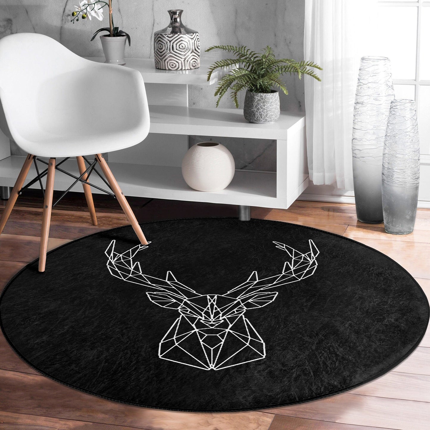 Round Black White Rug, Minimal Diamond Design, Non-Slip Base, Deer Pattern, Living Room, Bedroom Decor, Abstract Rug, Carpet for Home Garden