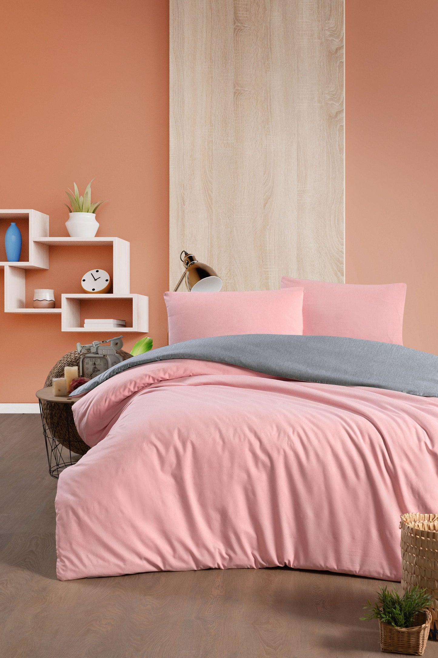 Salmon and Gray Modern Minimalist Bedding Set with Fitted Sheet - Sleek Bedroom Decor, Soft Fabric, Stylish Design Cotton Bedlinen Set