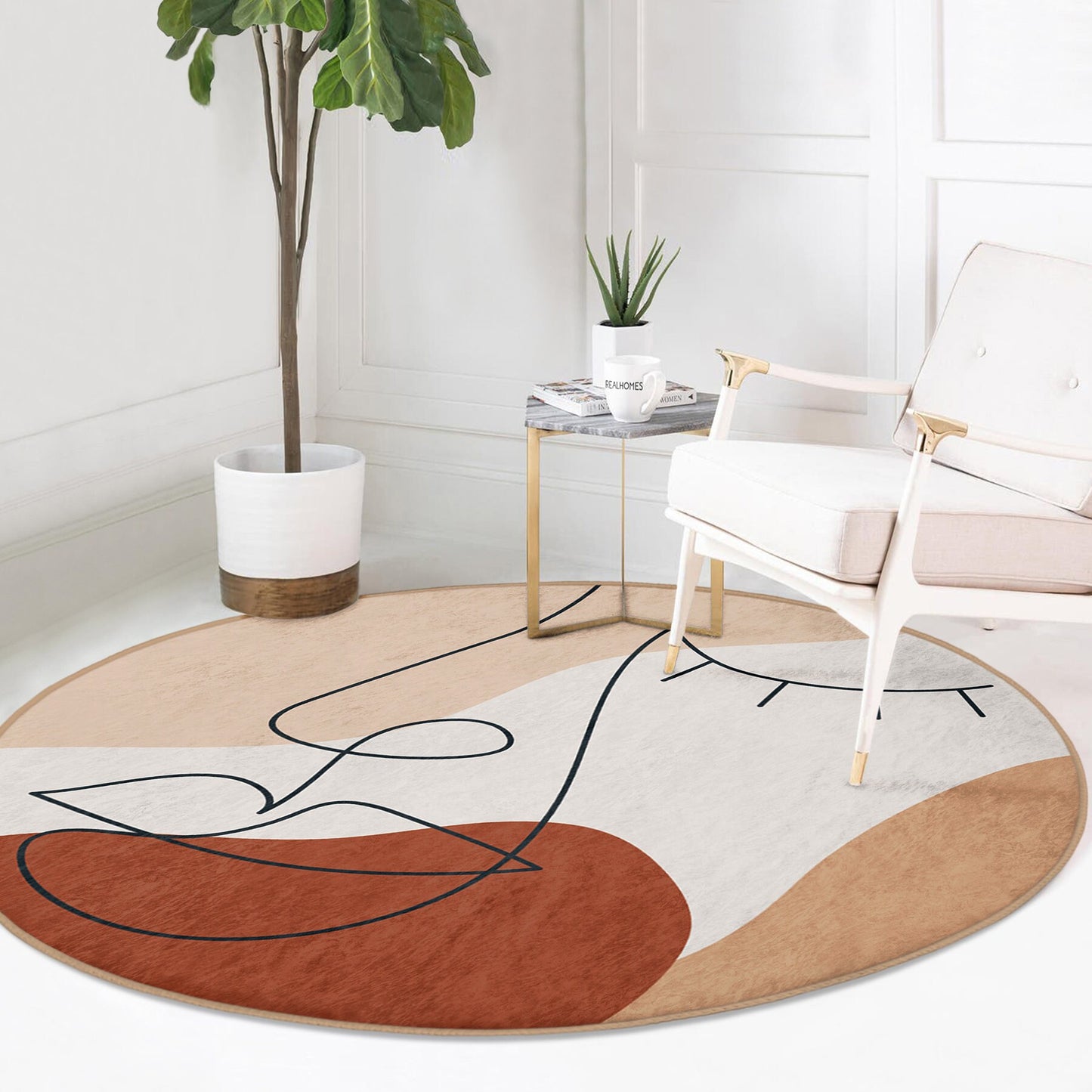 Round Soft Color Rug, Minimal Abstract Design, Non-Slip Base, Drawing Pattern - Living Room, Bedroom Draw Art, Rug, Carpet for Modern Home