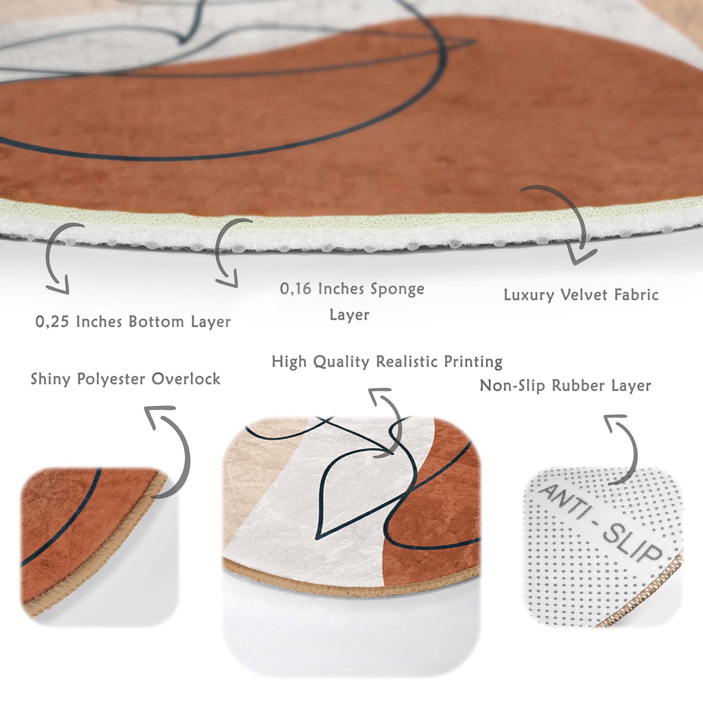 Round Soft Color Rug, Minimal Abstract Design, Non-Slip Base, Drawing Pattern - Living Room, Bedroom Draw Art, Rug, Carpet for Modern Home